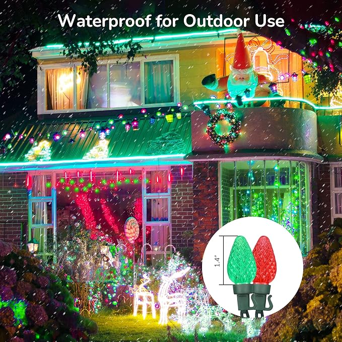 DEWENWILS C7 Red & Green Christmas Lights Outdoor, 33.3ft 50 LED String Lights, Waterproof Connectable Bulb Lights for House, Xmas Tree, Garden, Yard, Porch, Green Wire, UL Listed