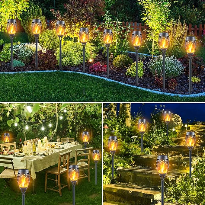 Mini Solar Tiki Torches with Flickering Flame Effect - 12LED Torch Lights Outdoor Waterproof, Perfect for Festival Decorations, Yard, Garden, Patio & Pathway Landscape Lighting (Set of 8)