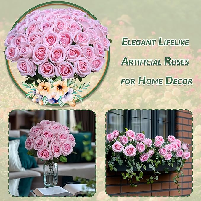 50 PCS Fake Pink Roses, Artificial Flowers Bulk Realistic Silk Faux Rose with Stems for Wedding Decoration Bridal Bouquet Birthday Celebrations DIY Floral Arrangement Home Decor