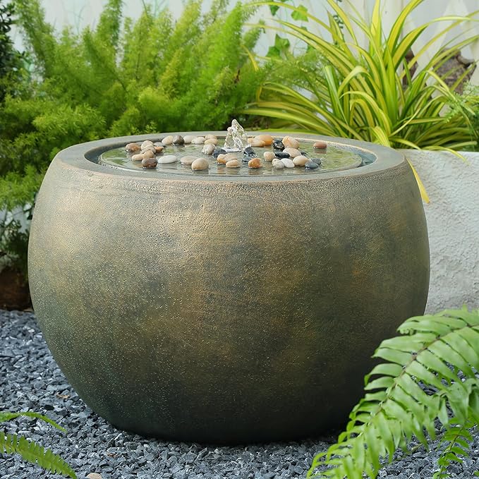 Garden Water Fountain Outdoor Large Round Bubbler Water Feature Indoor with Lights & Pump and Pebbles Concrete Effect for Patio Pool Pond Yard Home Decor Gold, 25 "L X 25" W X 17.5" H