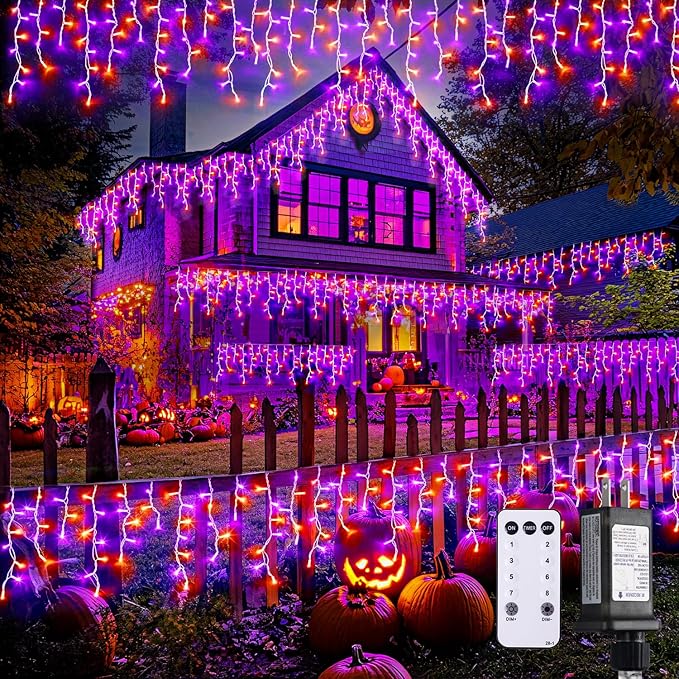 JMEXSUSS 400 LED Halloween Decor Orange and Purple Lights Outdoor, 8 Modes Orange Icicle Lights Indoor Outdoor Waterproof with Remote,Orange Halloween String Lights Plug in for Halloween Party Holiday