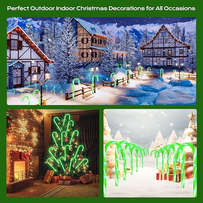 Christmas Candy Cane Lights 12Pcs Christmas Pathway Lights with 72 Count Incandescent Green Lights, Connectable 12 Inch Pathway Makers Lights for Indoor Outdoor Walkway Patio Yard Lawn Decorations