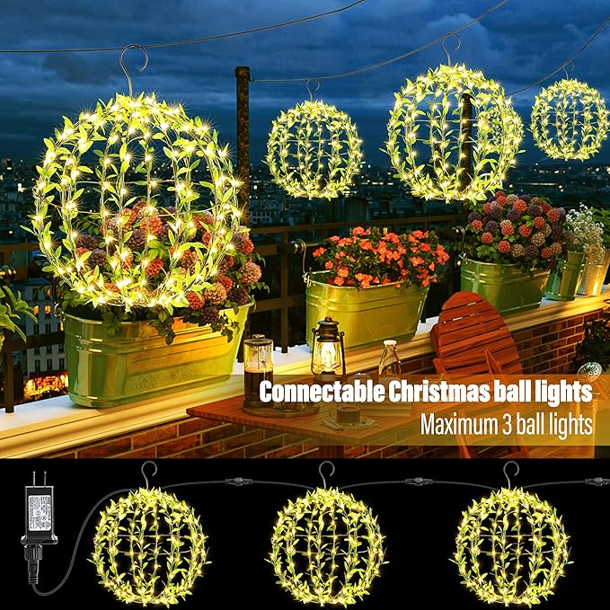 Flacchi Hanging Iron Sphere Lights with Artificial Greenery – 12Inch 120 LED Waterproof Outdoor/Indoor Decor Ball Light with Timer & 8 Modes – 2 Pack for Garden, Christmas, Weddings (Warm White)