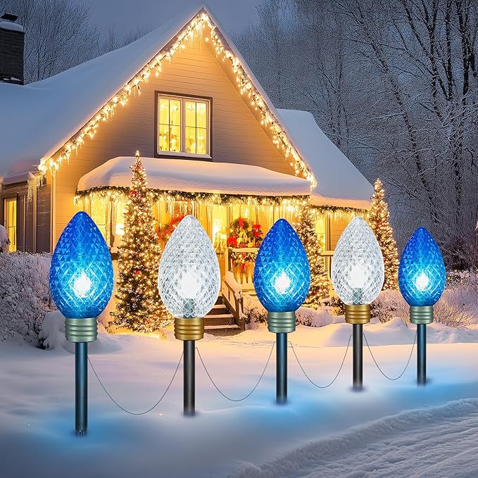 Moonflor Strawberry Super Jumbo Christmas Lights Outdoor - 11FT 5 LED Jumbo C9 Christmas Pathway Lights,Hanging String Lights,Christmas Lights Outdoor Decorations for Lawn Holiday Yard, Blue White