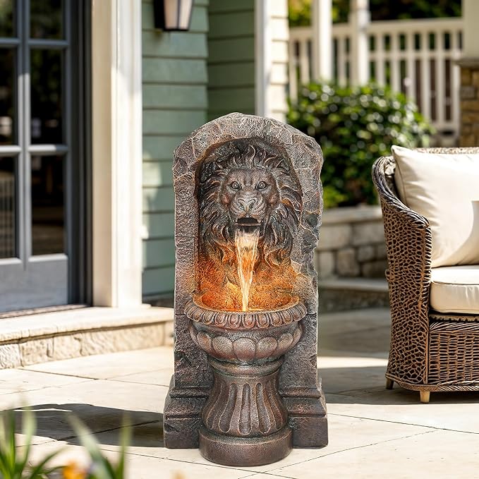 30" Lion Head Outdoor Water Fountain with LED Lights, 2-Tier Resin Garden Fountain, Tranquil Cascading Waterfall for Patio Yard Deck or Porch, Faux Bronze Finish, Weather-Resistant