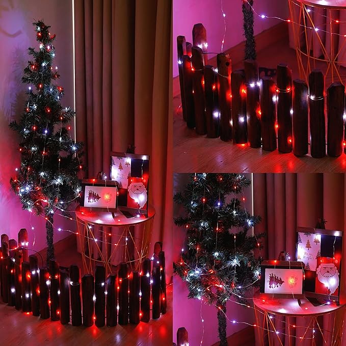 YEGUO Solar Fairy Lights Outdoor Waterproof, 4 Pack Each 33ft 100 LED String Lights, 8 Modes Silver Wire Solar Outdoor Lights (Red and White)