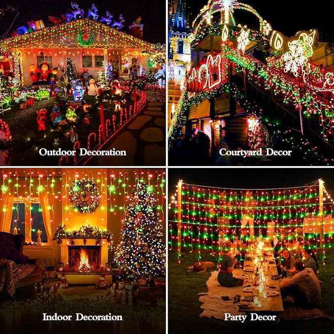 480 LED 49FT Christmas Lights Plug in 8 Modes with Timer Dimmable Christmas Decorations Outdoor Waterproof Indoor Curtain String Lights for Roof Porch Garden Holiday Wedding Party Decor Red + Green