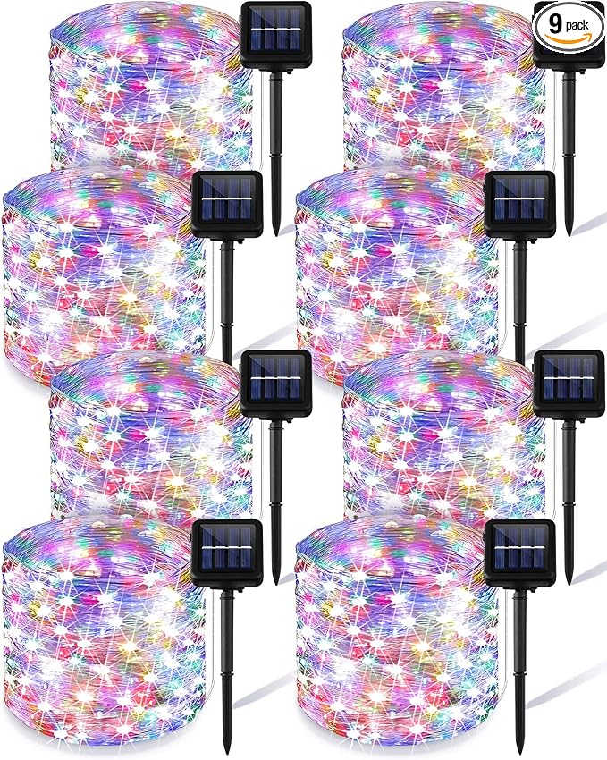 Treela 9 Pack Solar String Lights for Outside, 39 ft 100 LED Outdoor Fairy Lights Waterproof Copper Wire 8 Modes Solar Twinkle Lights for Patio Garden Tree Yard Party Decor(Colorful)