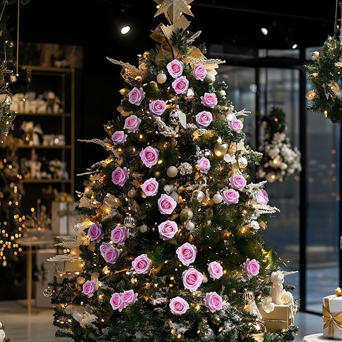 50 PCS Fake Pink Roses, Artificial Flowers Bulk Realistic Silk Faux Rose with Stems for Wedding Decoration Bridal Bouquet Birthday Celebrations DIY Floral Arrangement Home Decor