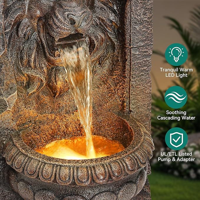 30" Lion Head Outdoor Water Fountain with LED Lights, 2-Tier Resin Garden Fountain, Tranquil Cascading Waterfall for Patio Yard Deck or Porch, Faux Bronze Finish, Weather-Resistant