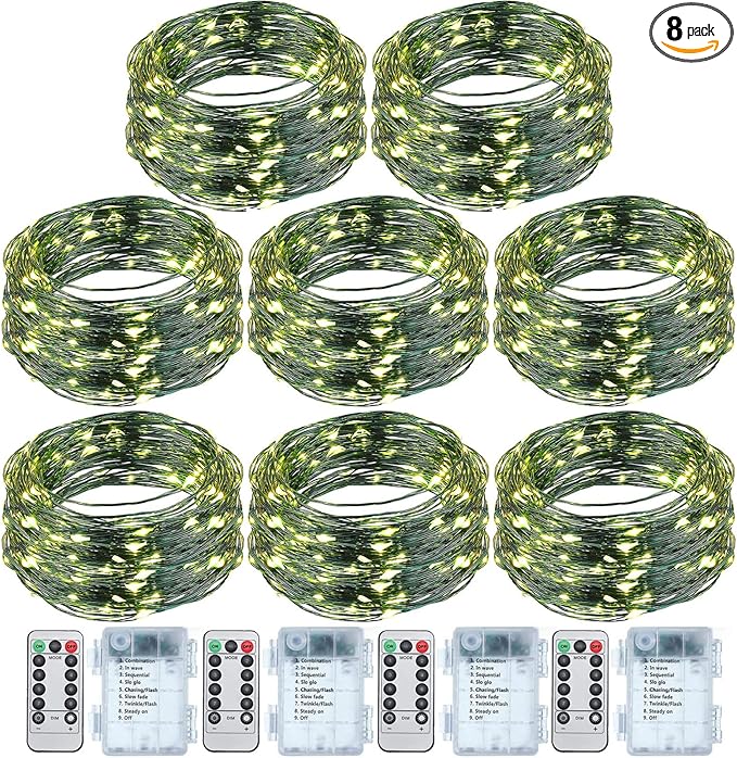 8 Pcs Battery Operated String Lights Outdoor String Lights 33 ft 100 LED Warm White Wire Green Battery Operated Fairy Lights with 8 Modes for Christmas Garden Patio Tree Decorations(8 Pcs,33 ft)