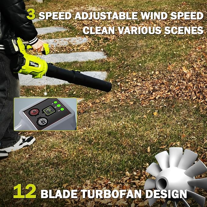 Leaf Blower Cordless,2 x 21V 6.0Ah Battery and Charger, with 680CFM 190MPH Electric Cordless Leaf Blower, 3-Variable Speed & Turbo Mode, Blowers for Lawn Care (5002 D) (Green)