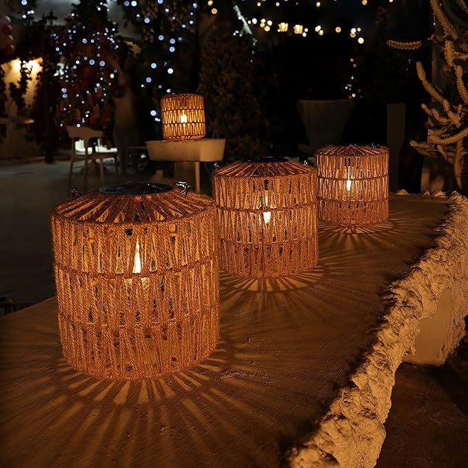 Cooo Solar Lantern Outdoor Hanging – Handwoven Jute Rope Lantern with Warm Edison Bulb, IP65 Waterproof Solar Powered Garden Light for Porch Patio, Yard Table Rustic Boho Decor, 8.27” Tall